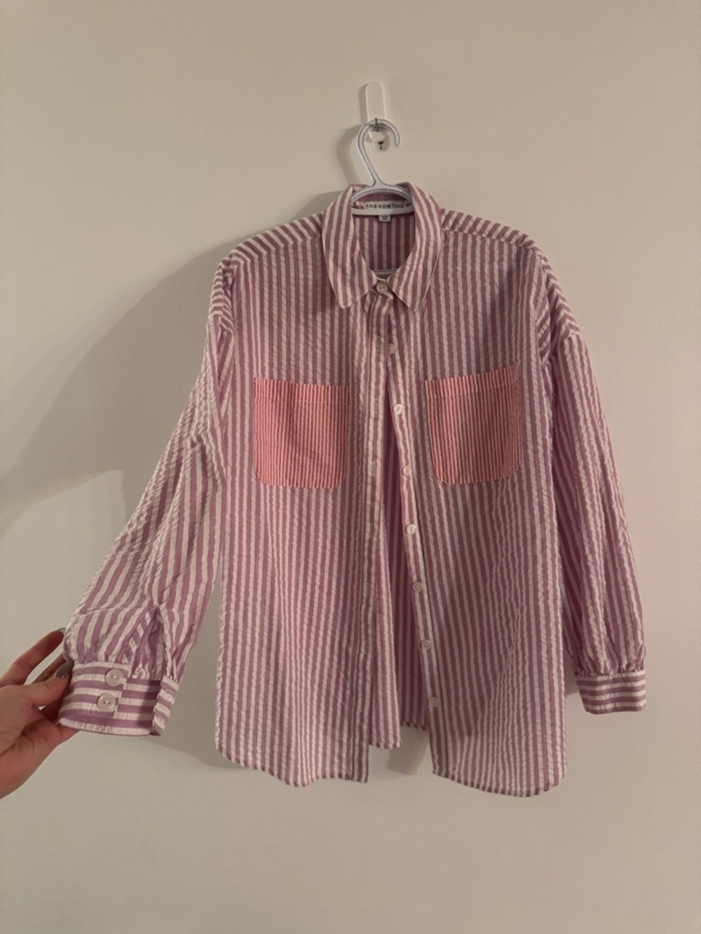 Striped Lavender and Pink Button-Up Shirt with Contrast Pockets